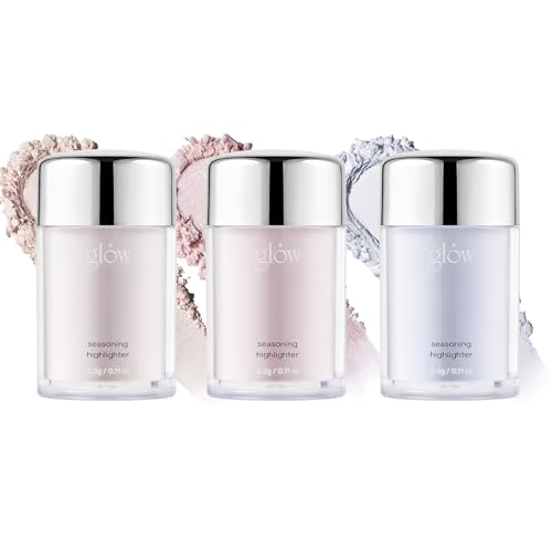 glow seasoning highlighter | luminous loose-powder highlighter | ultra-fine particles for pore-blurring smooth skin | precision seasoning jar for controlled application | 0.11 fl oz × 3 ea