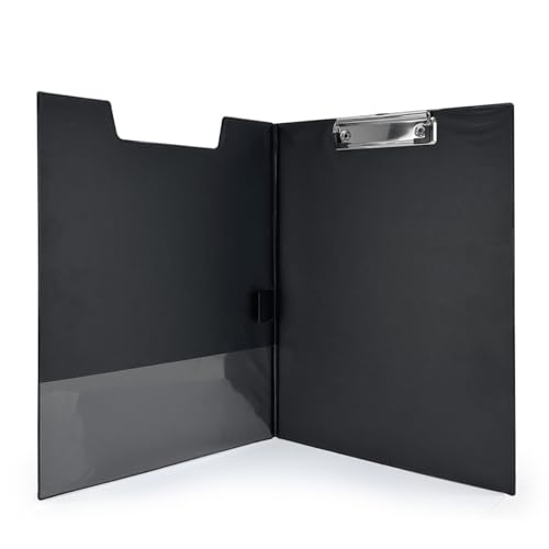Porte-blocs A4 avec Rabat et Pince – Support rigide revêtement PVC noir – Porte-documents professionnel avec Pochette intérieure et Crochet de suspension...