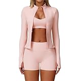 LYHYDMA Womens Workout Sets 2/3PCS Yoga Suit Sports Set Gym Set Tracksuit Running Clothes Long Sleeve Sports Bra Athletic Wear(Peach powder 3PCS-2,L)