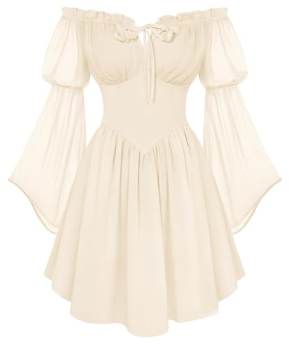 Scarlet Darkness Womens Renaissance Fairy Dress 2026 Summer Boho Off The Shoulder Flowy Corset Mini Dresses Beige 2XL