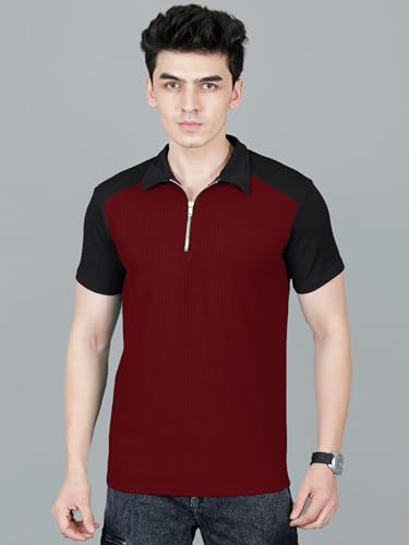 Image of London Hills Men's Loose Fit Half Sleeve Color Block Polo T-Shirt with Zip Collar | Premium Polyester Fabric | T Shirt for Man | Tshirt | Shirts Men | Tshirt for Man | Men T-Shirts
