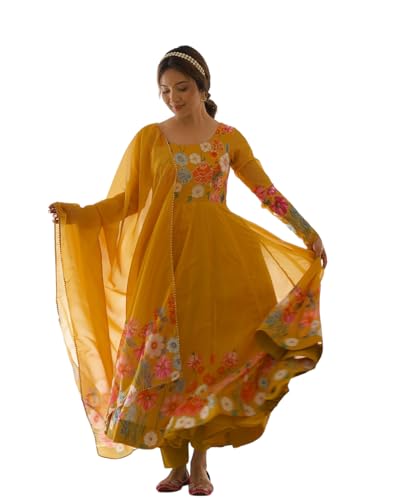 Image of KD Women's Floral Print Anarkali Kurta Set with Pant and Dupatta, Georgette, Full Sleeves, Asymmetric Hemline