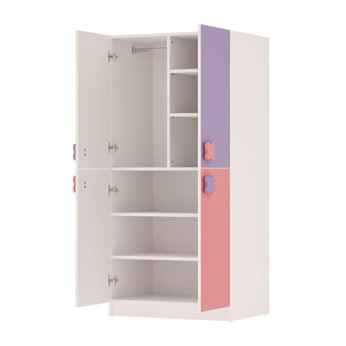 Image of Wakefit Kids Wardrobe | 1 Year Warranty |Wardrobe, Wardrobe Wooden, Almirah for Kids, Cupboard for Kids, Wardrobe for Kids, Bugs with 4 Shutter & Solid Wood Handles (Frosty White - Pink & Purple)