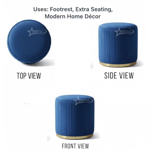 Image of Upholstered Round Linen Strip Stool Living Room Foot Rest Office Stool Pouf Ottoman Padded Seat - Blue