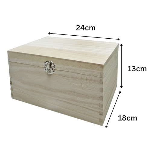 Plain Wooden Box Hinged Lid for Memory Keepsake Storage - Paint Decorate Customise for Creative DIY Craft - Trinket Jewellery Treasure Chest - Silver Clasp Lock – Large Size 5 (24 x 18 x 13cm)