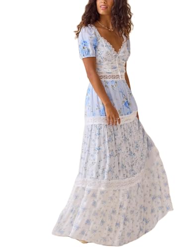 Image of Women Patchwork Dress Y2k Floral Puff Short Sleeve Maxi Dress Summer Boho Smocked Tiered Ruffle Beach Sundress