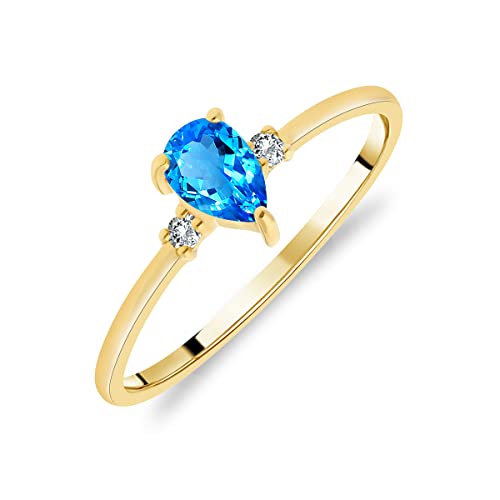 Bague Solitaire pour Femme en Or Jaune 375/1000 sertie Topaze bleue suisse naturelle et Diamants