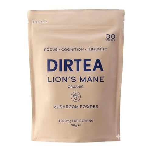 DIRTEA Lions Mane Mushroom Powder | 100% Organic | Vegan | Non GMO | Cognitive Function Support and Memory Booster Nootropic - Premium Lions Mane Extract | Pouch 60g - 30 Day Serving