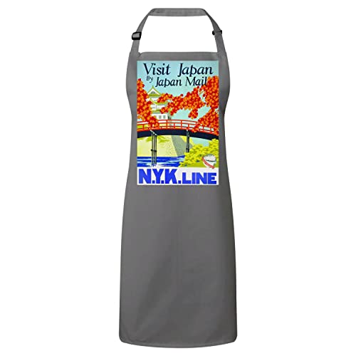 Tablier cuisine premium gris affiche voyage vintage Japon château pour chef amateur