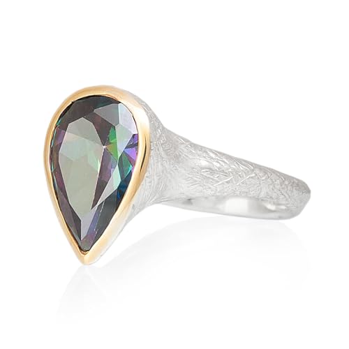 Bague topaze mystique poire argent aux reflets multicolores intenses et taille haute précision.