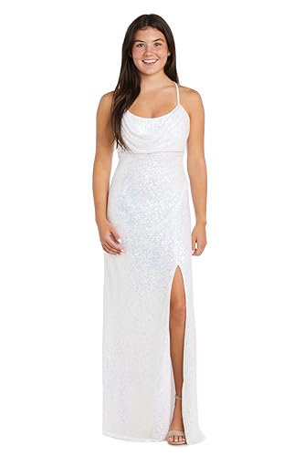 Image of Nightway Juniors' Long Sequin Cowl Neck Gown W /Cross-Back Spaghetti Straps & Side Slit - Prom Cocktail Party