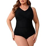 InfiniZer Badeanzug Damen Bauchweg Große Größen, Shaping Schwimmanzug mit V-Ausschnitt & Raffung, (DE/NL/SE/PL, Numerisch, 48, 50, Große Größen, Regular, Schwarz)