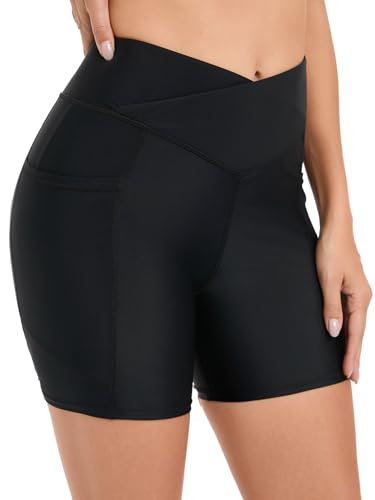 Womens Tummy Control Swim Shorts Cross Waist Bathing Suit Bottoms Pocket Swimming Shorts with Liner Swimsuit4