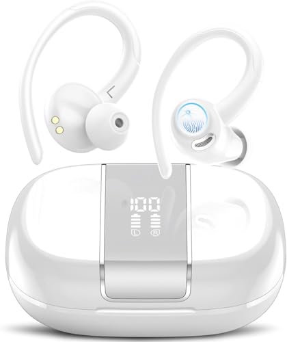 Csasan Auriculares Inalambricos Deportivos, Auriculares Bluetooth 5.3 con Llamada Clara CVC8.0, 48H de Reproducción HiFi Estéreo Cascos Inalambricos con Pantalla LED, IP7 Impermeables/Sport, Blanco