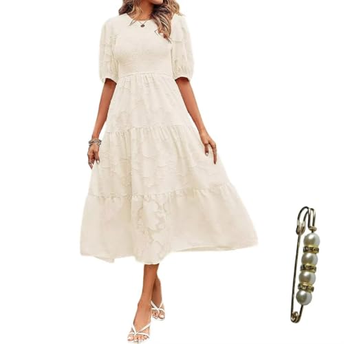 Yazinie Vestidos de verano para mujer 2025 con mangas abombadas, vestido de invitada de boda, vestido de encaje floral, Beige, Large