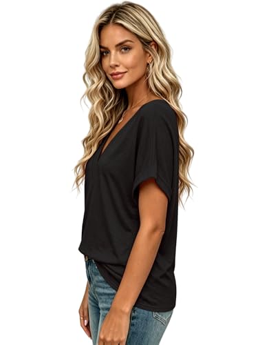 Image of T Shirts Short Sleeve V Neck Tees Womens Tops Beach Vacation Fashion Clothes 2026 Casual Summer Spring Fall Outfits