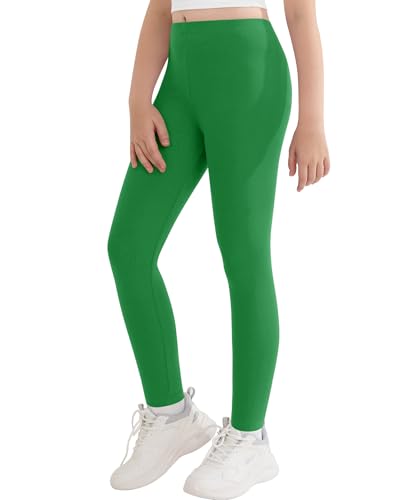DOCUMO Girls Cotton Leggings Full Length Footless Stretch Girls High Waisted Tights Soft Basic Solid Yoga Pants (Green Large)