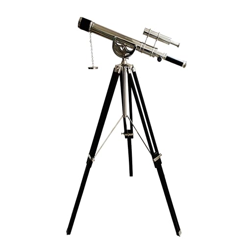 Nautical Double Barrel Telescope Chrome Finish Antique Black Leather Floor Standing Wooden Tripod Telescope Home Decorative Sailor Article High Magnification - Navirock