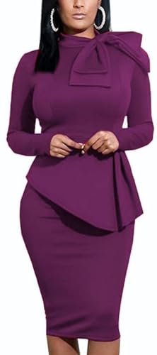 Women's Fashion Peplum Bodycon Long Sleeve Work Dresses Bow Club Ruffle Pencil Formal Cocktail Dress Purple XX-Large