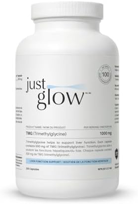 Just Glow TMG Trimethylglycine 1000mg Per Serving, 200 Veggie Capsules - Betaine Anhydrous Supplement - Made in Canada