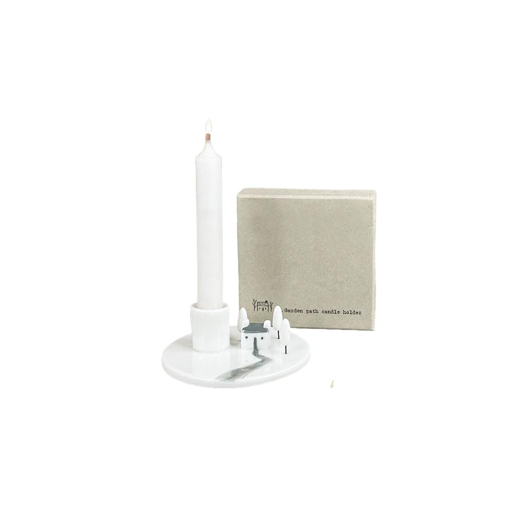 East of India Candle Holder & Candlestick Pillar Candle White Porcelain Holder Garden Path Design Country Farmhouse Style Home Decor Decoration