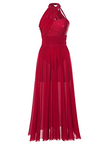 Foto von Mufeng Damen Tanzkleid Lang Eiskunstlaufkleid Neckholder Ballettkleid Mit Pailletten Schlitz Rock Lyrisch Party Bühnenauftritt A Weinrot L