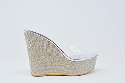 Image of BAMBOO Women's Clear Band Platform Wedge Slide ClearSilver34 Size 9