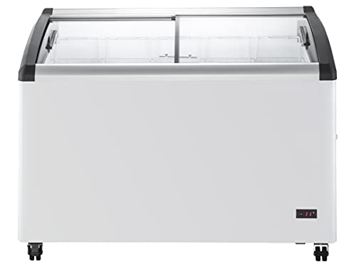 Image of Duura Commercial Mobile Ice Cream Display Chest Freezer Sub Zero Temp Curved Glass Top Frost Free Lid with 5 Wire Baskets, 47.4 Inch Wide 12.8 Cubic Feet, White