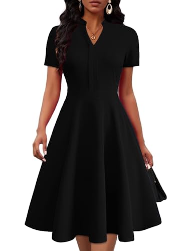 Mokayee Womens Summer Short Sleeve V Neck Fit and Flare Semi Formal Work Wedding Guest Dresses with Pockets