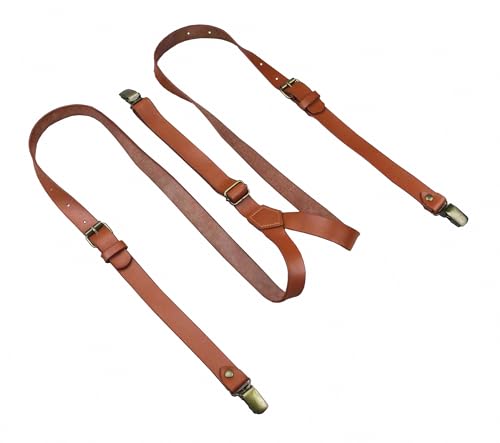 Entwineno Mens Leather Suspenders - Buckle Pattern Adjustable Braces - Wedding Groom (Cognac Brown L Adult (510~61))