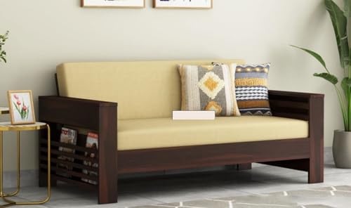 Image of Sheesham Wood 2 Seater Sofa with Side Pocket for Living Room Home || Solid Wood 2-Person Sofas Without Small Cushion Furniture for Guest Room Office (Walnut Finish)