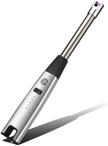 USB Rechargeable Arc Lighter, Windproof Metal Kitchen Gas Igniter with LED Battery Indicator, Perfect for BBQ, Candles, and Stoves - Silver Electric Lighter