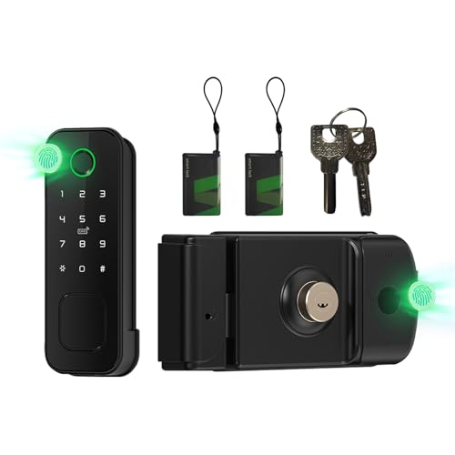 AloveH Serratura Smart da Esterno Impermeabile IP66 - Accesso con Impronta Digitale e Tessera su Entrambi i Lati - 5-in-1 con WiFi per Cancelli da Giardino (Nero)
