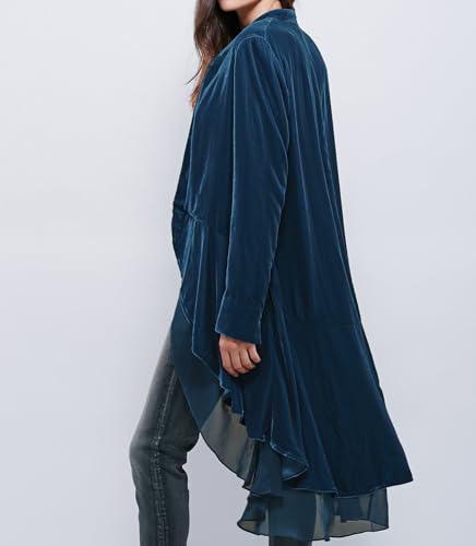 R.Vivimos Womens Ruffled Asymmetric Long Velvet Blazers Coat Casual Jackets (Large, Dark Blue)