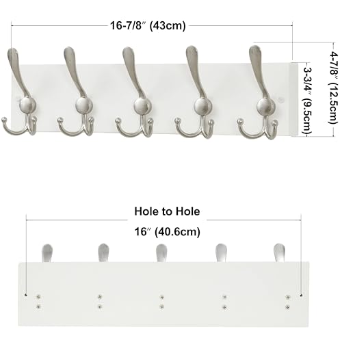 Image of SKOLOO Creations White Solid Wood Wall Mounted Coat Rack, 5 Hooks, 16-7 /8 inch Long - Kitchen, Mudroom, Entryway, Bathroom - Includes Mounting Hardware, Wall Coat Hanger, Towel Rack, Pack of 2