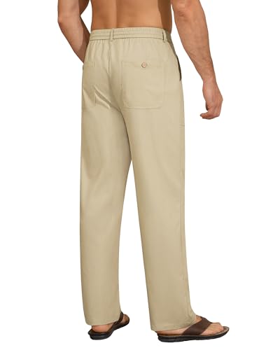 Mens Linen Pants Casual Elastic Waist Drawstring Pants Loose Straight Linen Pant Beach Trousers with 4 Pockets3