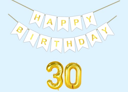 Image of 30th Happy Birthday Decoration Kit White for 30 year Old Boys Girls Men Women with Number Thirty Party Decorations Decor Celebration Items Item Set Combo Reusable Paper Banner