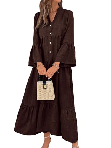 MARZXIN Women's Long Sleeve Maxi Shirt Dress Notched V Neck Single-Breasted Casual Loose Swing Maxi Dress