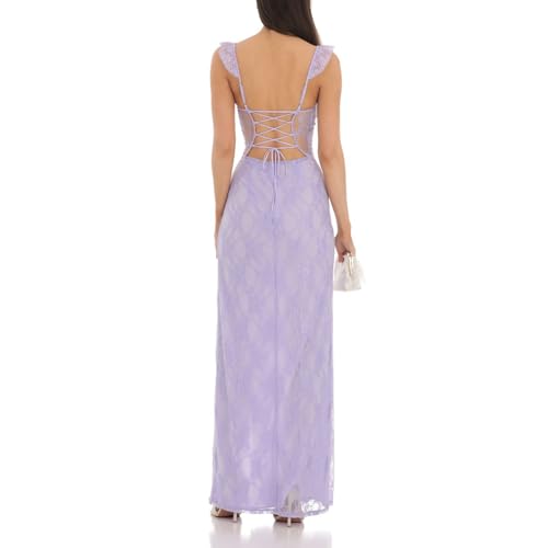 Image of Women's Sexy Lace High Split Long Dress Sleeveless Backless Tie Bodycon Maxi Dress Elegant Party Cocktail Cami Dress (US, Alpha, Small, Regular, Regular, A-Light Purple)
