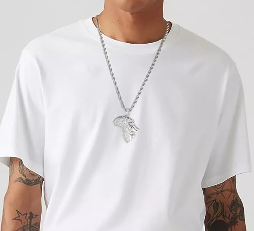 Silver Necklace for Men with Lion Pendant Stainless Steel Rope Chain White Gold Plated Lion King Mens Pendant Necklace Iced Out Hiphop Jewelry