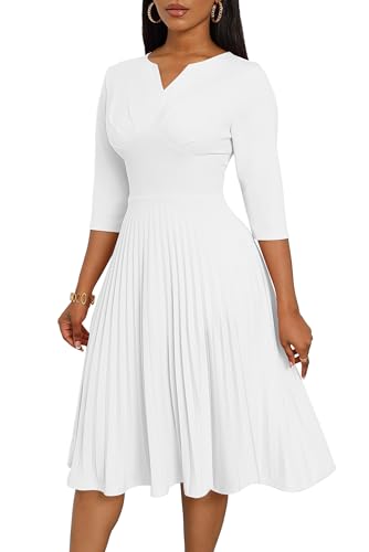 CLOCOR Midi Dresses for Women Casual Wrap Flared Pleated Dress A Line 3/4 Sleeve V Neck Church Cocktail Wedding Guest Dress