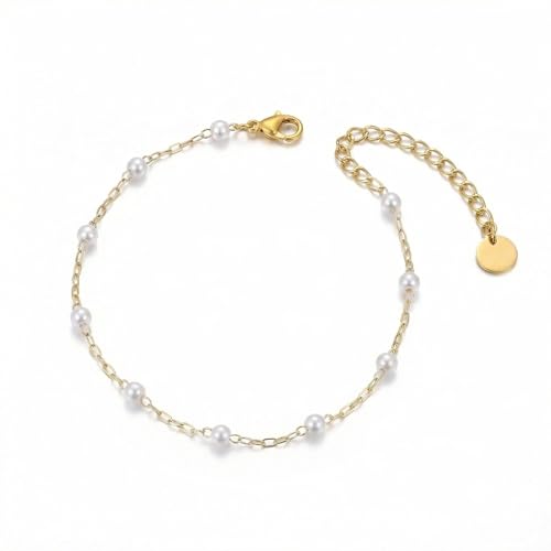 Image of NONAMOIS Ankle Bracelets for Women Dainty 18K Gold Plated Anklet Waterproof Round Beaded Paperclip Herringbone Pearl Chain Anklets Waterproof Beach Foot Jewelry