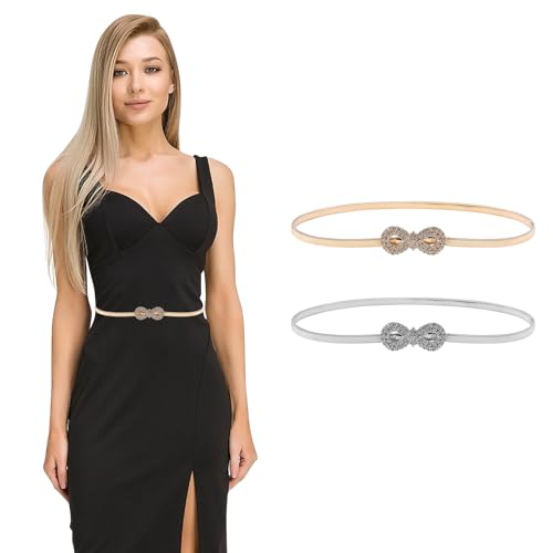 2 PCS Rhinestone Belt for Women, Elastic Skinny Waist Belt for Women Girls Dresses Jeans Silver & Gold Chain Belt