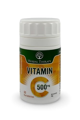 Vitamina C, 500 mg, alta dosis, apoya el sistema inmunológico, contra la fatiga en la vida cotidiana, sabor naranja, 60 pastillas – vegano, sin gluten, sin lactosa – HERBAL THERAPY