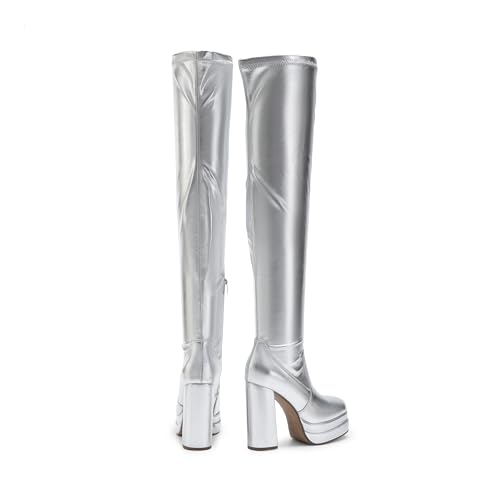 DREAM PAIRS Women's Platform Over The Knee Thigh High Boots Chunky High Heels Square Toe Long Fall Y2K Gogo Boots,Size 8.5,Silver,SDOB2305W