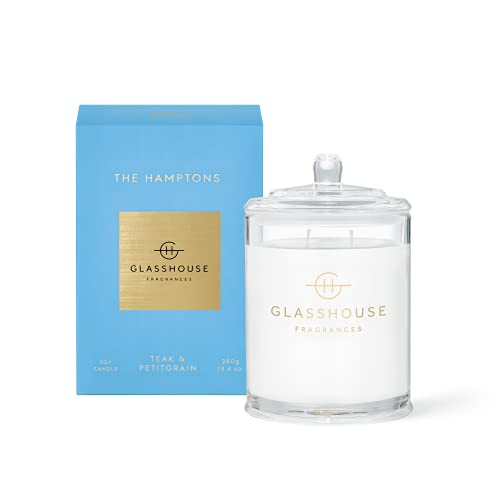 Glasshouse Fragrances The Hamptons Candle, Triple Scented Natural Soy Wax Blend, 2 Wicks & Glass Jar, 65 Hour Burn Time, Teak & Petitgrain, 13.4 Oz (380g)