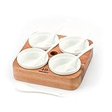Ceramic Dipping Bowls Set of 4 with Tray and Spoons, Dip Bowls for Side Dishes, Chip and Dip Serving Set for Sauce, Condiment, Dessert, Salsa, Snacks, Acacia Wooden Board With Cocktail Stick Holder