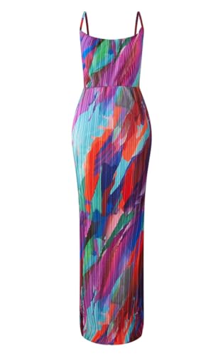 VECVOC Summer Floral Dress Sexy Strap Shoulder Pleated Maxi Dresses A Line Wedding Guest Dresses for Women,Purple,X-Large