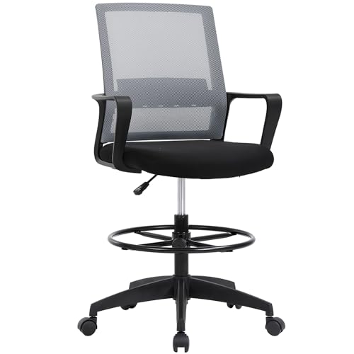 Image of BestOffice Drafting Chair Tall Office Chair Adjustable Swivel Rolling Mesh Height with Lumbar Support Arms Footrest Mid Back for Adults Standing Desk Drafting Stool (Ashy)