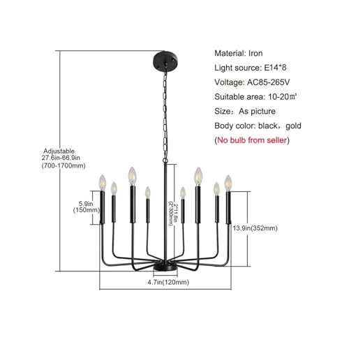 Suspension lampe bougie à 8 têtes avec éclairage multidirectionnel en fer doré